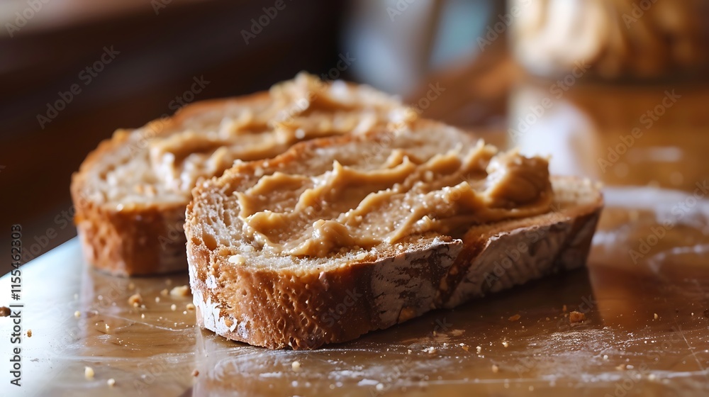 Put a liberal amount of smooth nut butter on browned bread pieces Put a liberal amount of smooth nut butter on browned bread pieces