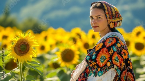 Traditional Woman in a Sunflower Field photo