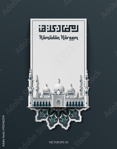 Mosque Paper cut style ramadan kareem background, Greeting card, arabic calligraphy