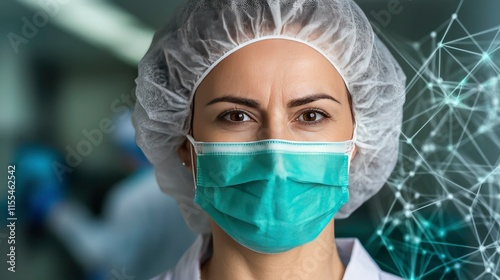 Confident Female Healthcare Professional Wearing Protective Mask and Cap with Network Graphic photo