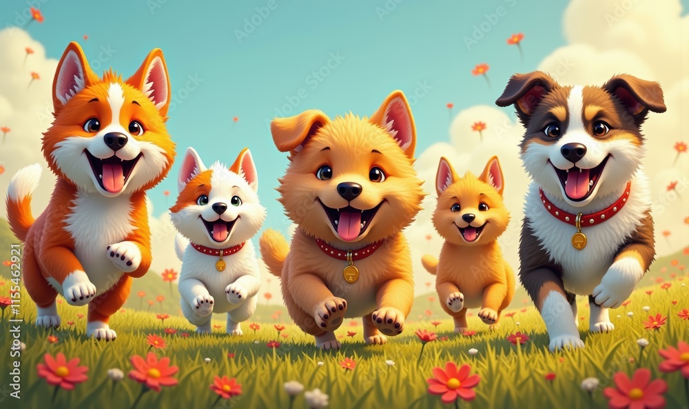 A cheerful scene of animated puppies running through a vibrant flower field, showcasing joy and playfulness, perfect for pet-related content and marketing. A cheerful scene of animated puppies running through a vibrant flower field, showcasing joy and playfulness, perfect for pet-related content and marketing.