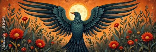 A stunning illustration of a raven with outstretched wings against a glowing moon, surrounded by vibrant flowers—perfect for nature themes or mystical designs. photo