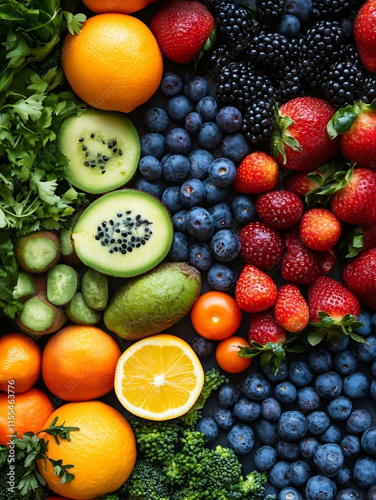 Assorted Fresh Fruits and Berries Display with Oranges Kiwi Blueberries & Strawberries Spread : Generative AI Assorted Fresh Fruits and Berries Display with Oranges Kiwi Blueberries & Strawberries Spread : Generative AI