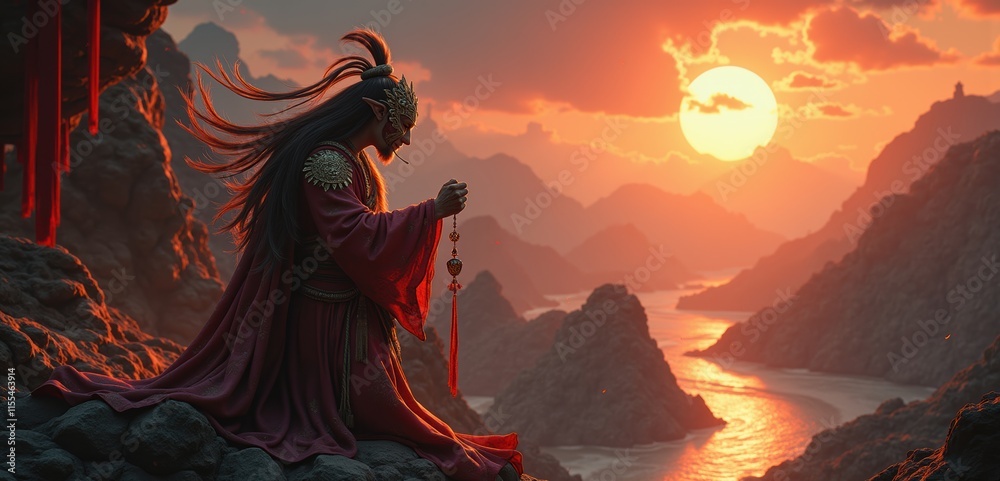 A mystical figure in dramatic attire meditates at sunset beside a serene river. This artwork embodies themes of tranquility, reflection, and cultural richness. A mystical figure in dramatic attire meditates at sunset beside a serene river. This artwork embodies themes of tranquility, reflection, and cultural richness.