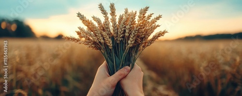 Golden sunlight bathes vast organic wheat fields, showcasing the beauty of agriculture during harvest time These cash crops promise profitability and sustenance A close-up of wheat stalks held in photo