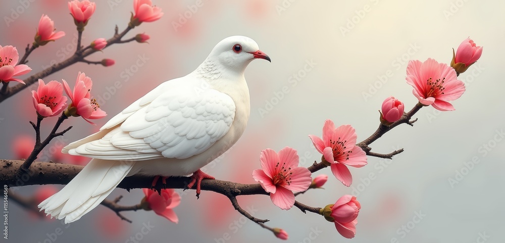 A serene white dove perched on a blooming cherry blossom branch, symbolizing peace and renewal in a soft, dreamy environment. A serene white dove perched on a blooming cherry blossom branch, symbolizing peace and renewal in a soft, dreamy environment.