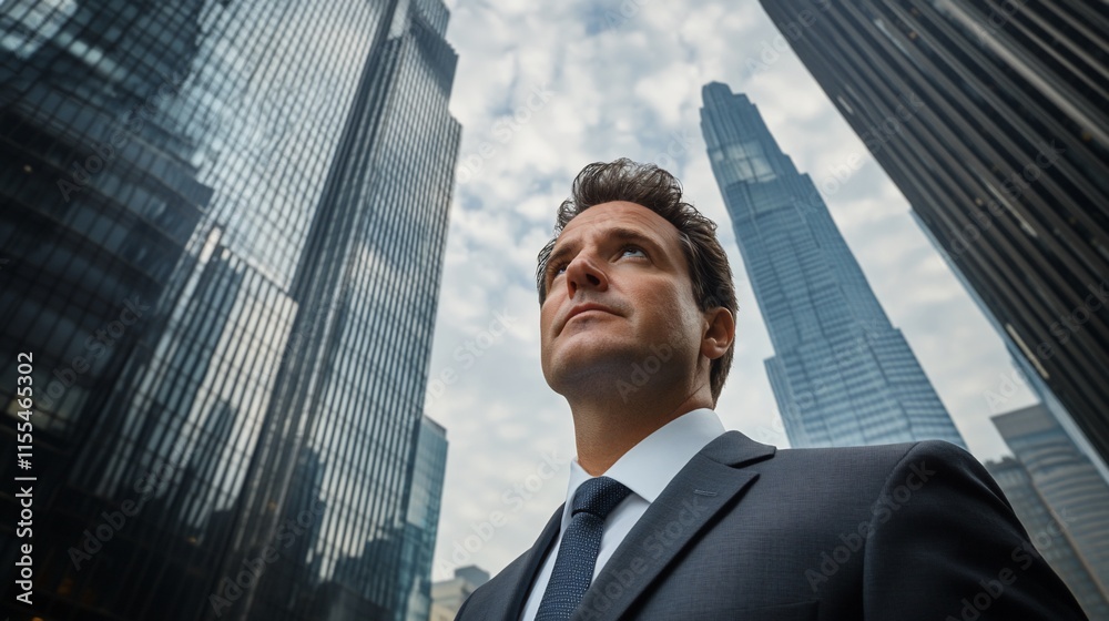 A businessman gazes upward amidst towering skyscrapers in an urban setting. A businessman gazes upward amidst towering skyscrapers in an urban setting.