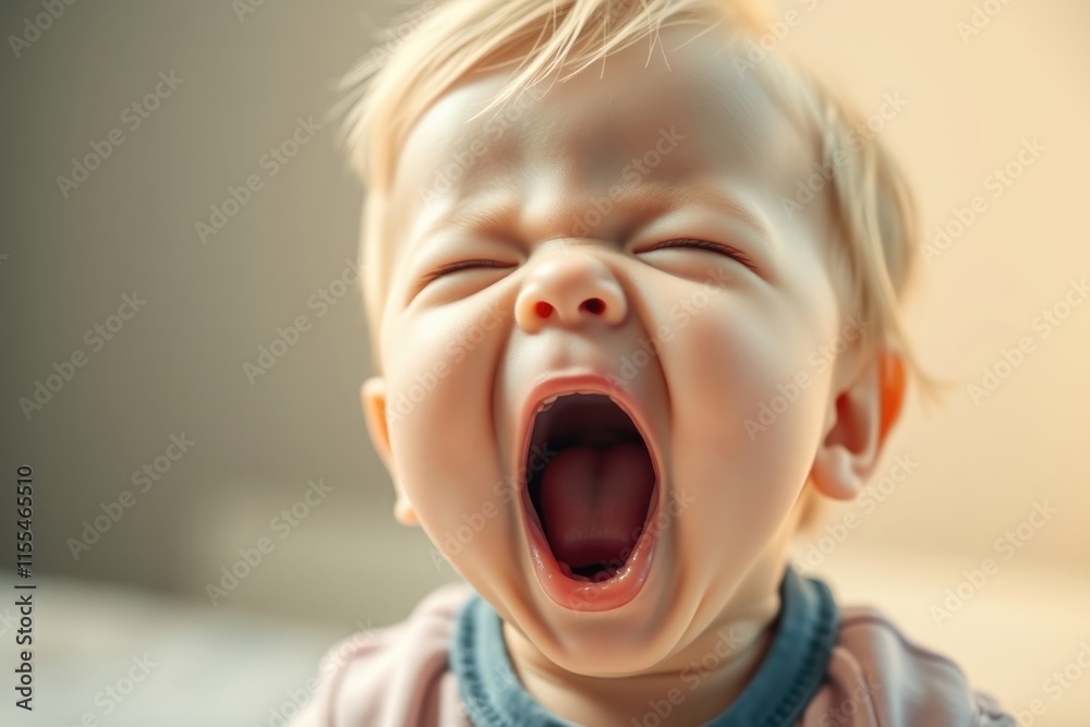 A sleepy baby showcases a large yawn, their adorable expression capturing the essence of afternoon drowsiness in a warm and inviting environment A sleepy baby showcases a large yawn, their adorable expression capturing the essence of afternoon drowsiness in a warm and inviting environment