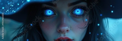 Mysterious portrait featuring a woman with illuminated eyes, enveloped in an ethereal atmosphere, perfect for fantasy, beauty, and digital art themes. photo