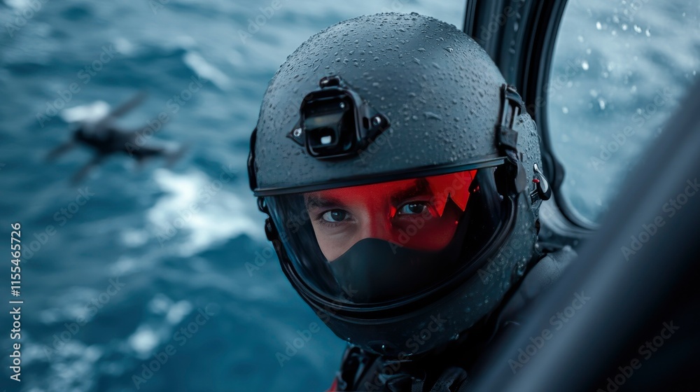 Fototapeta premium Close-up of a Pilot's Face in a Helicopter During a Maritime Operation