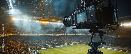 A camera captures the excitement of a packed stadium during a sports event.