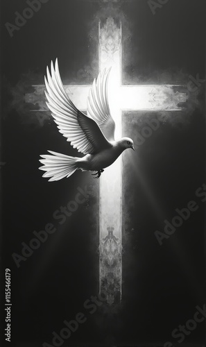 A serene black and white image of a dove in front of a glowing cross, symbolizing peace, spirituality, and hope for religious and inspirational themes. photo