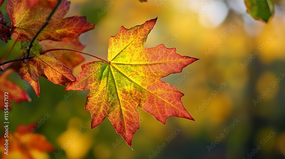 Single Autumn Leaf in Vivid Red and Yellow with Blurred Background : Generative AI Single Autumn Leaf in Vivid Red and Yellow with Blurred Background : Generative AI