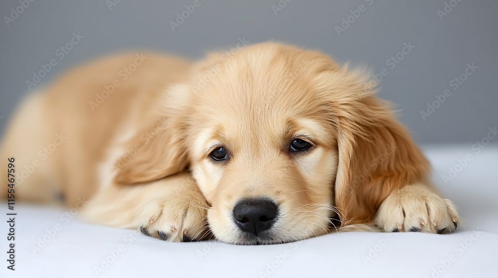 Golden Retriever Puppy Resting Comfortably on Soft White Blanket : Generative AI Golden Retriever Puppy Resting Comfortably on Soft White Blanket : Generative AI