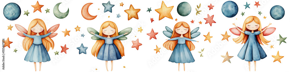 Fototapeta premium Fairy and myth sparkle, Four whimsical fairies in colorful dresses, adorned with wings, surrounded by celestial elements like stars, moons, and planets.