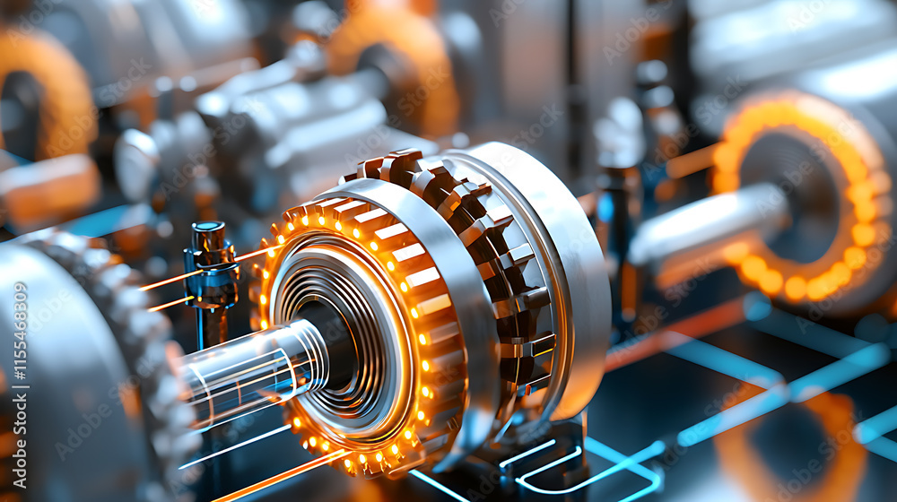 Fototapeta premium Futuristic close-up of advanced industrial machinery components in high-resolution engineering facility