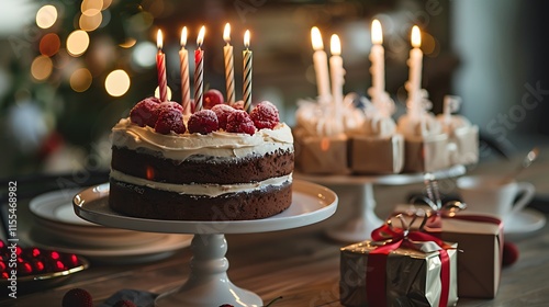 The scene from a traditional celebration customary birthday card typical boxed presents and a cake with candles