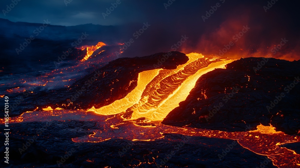 Fototapeta premium Dynamic Molten Lava Flow on Rugged Volcanic Terrain at Nighttime : Generative AI