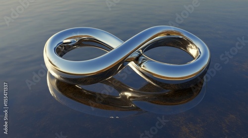 Reflective infinity symbol on water surface at sunset photo