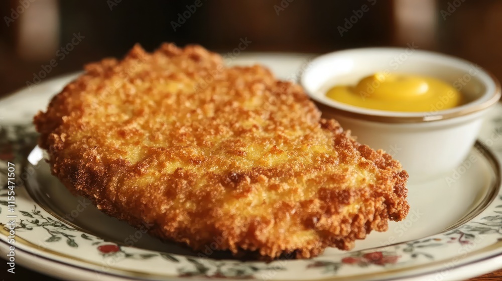 Crispy breaded chicken breast with mustard. Crispy breaded chicken breast with mustard.