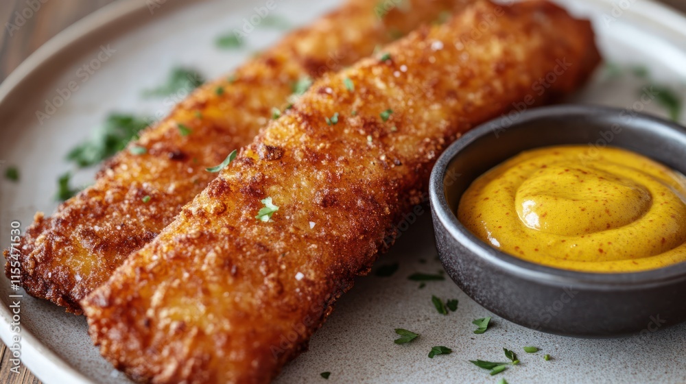 Crispy fried fish sticks with mustard dipping sauce. Crispy fried fish sticks with mustard dipping sauce.