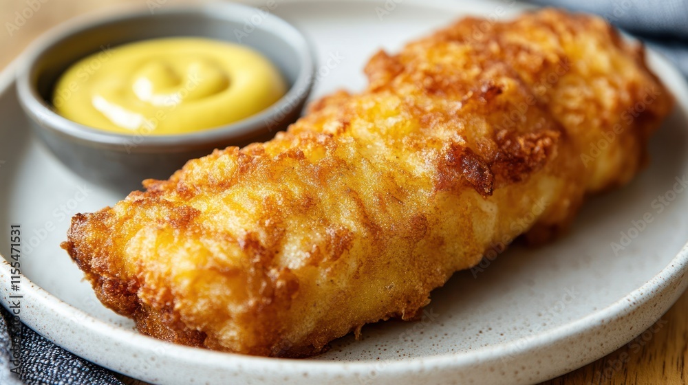 Crispy fried fish fillet with mustard. Crispy fried fish fillet with mustard.