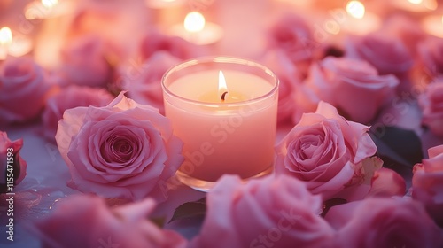 Romantic candlelight scene with pink roses.