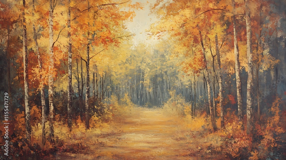 Fototapeta premium Vibrant Autumn Forest with Colorful Falling Leaves and Illuminated Woodland Path : Generative AI