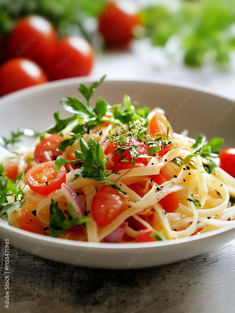 Fresh Italian Pasta Dish with Cherry Tomatoes and Fresh Herbs in White Bowl : Generative AI Fresh Italian Pasta Dish with Cherry Tomatoes and Fresh Herbs in White Bowl : Generative AI