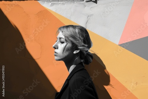 Young caucasian female pensive in urban art scene with geometric wall patterns photo