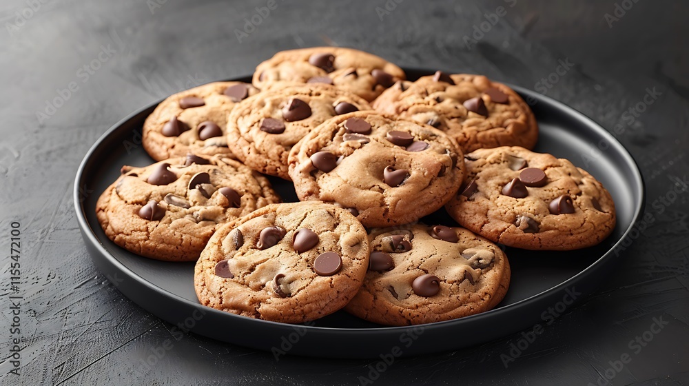 Warm chocolate chip cookies arranged on a sleek black platter Warm chocolate chip cookies arranged on a sleek black platter