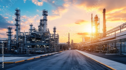 Industrial landscape at sunset with refinery structures and a clear road.