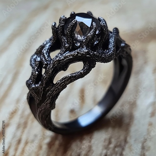 Intricate black gothic ring with unique branch design and stone photo