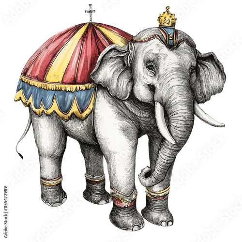 Majestic Royal Elephant: A regal illustration of an elephant adorned in rich colors and a crown, showcasing detailed artistry and symbolic grandeur. photo