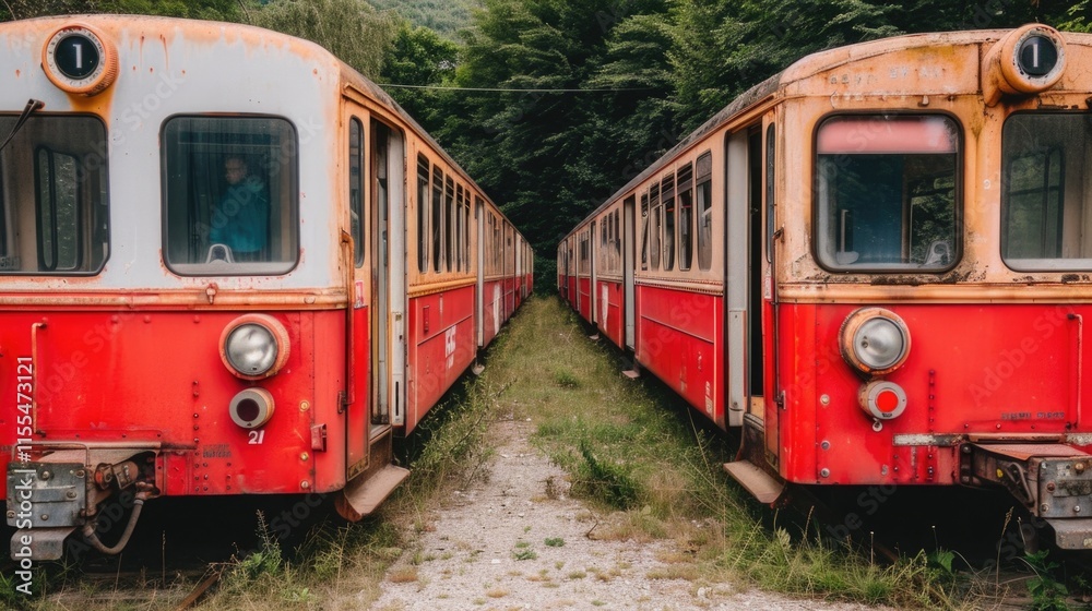 Fototapeta premium Abandoned vintage red trains on overgrown railway track in lush forest