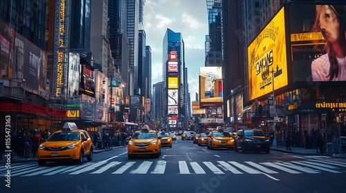 Bustling Times Square New York City with Iconic Yellow Taxis and Bright Billboards : Generative AI