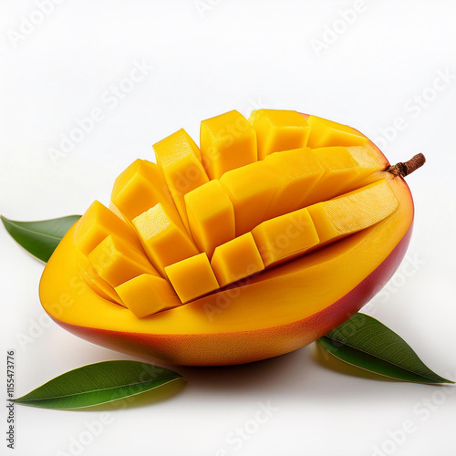 Sliced Mango with Skin and Leaves- A ripe mango sliced open, showing its vibrant yellow fles photo