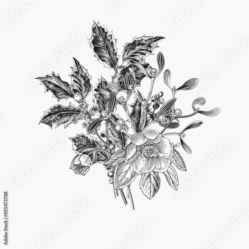 Winter bouquet made of holly, mistletoe and hellebores. Vector vintage illustration. Black and white