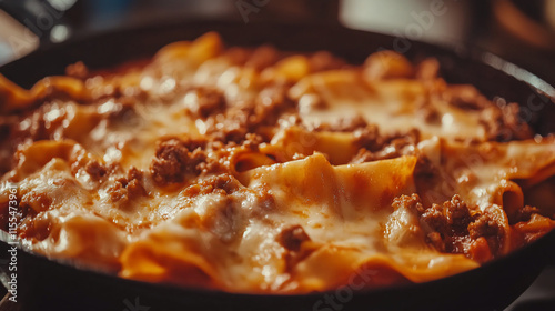 Close-up of a delicious lasagne in a pan, with melted cheese and rich meat sauce.