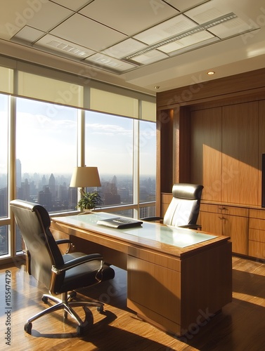 Highend executive office with expansive city skyline and luxurious furnishings : Generative AI photo