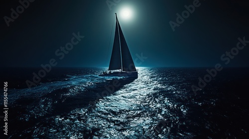 Sailboat sailing at night under moonlight.