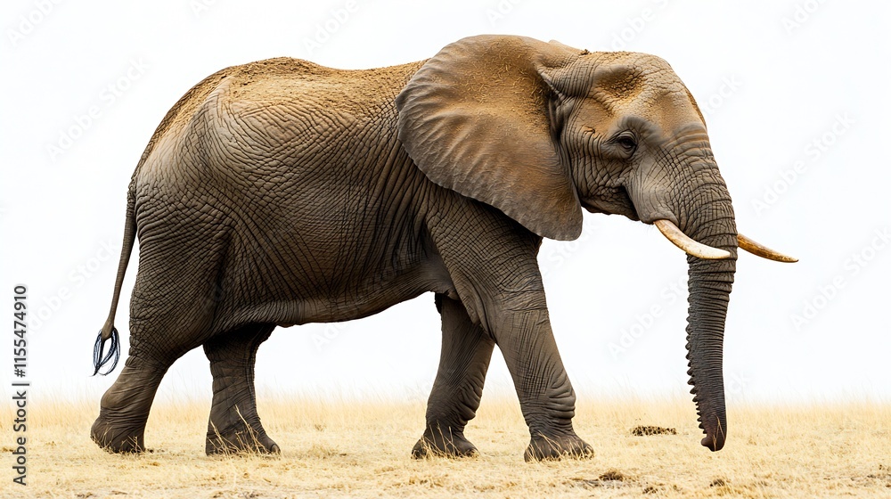 Obraz premium Majestic Lone Elephant Walking Through Savanna Against Clear Sky Background : Generative AI