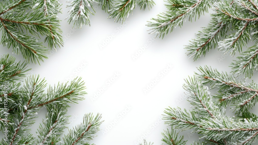 Snowy pine branches frame on white. Snowy pine branches frame on white.
