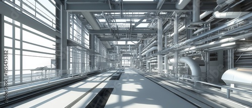 A modern industrial interior with pipe and large windows, showcasing an open workspace.