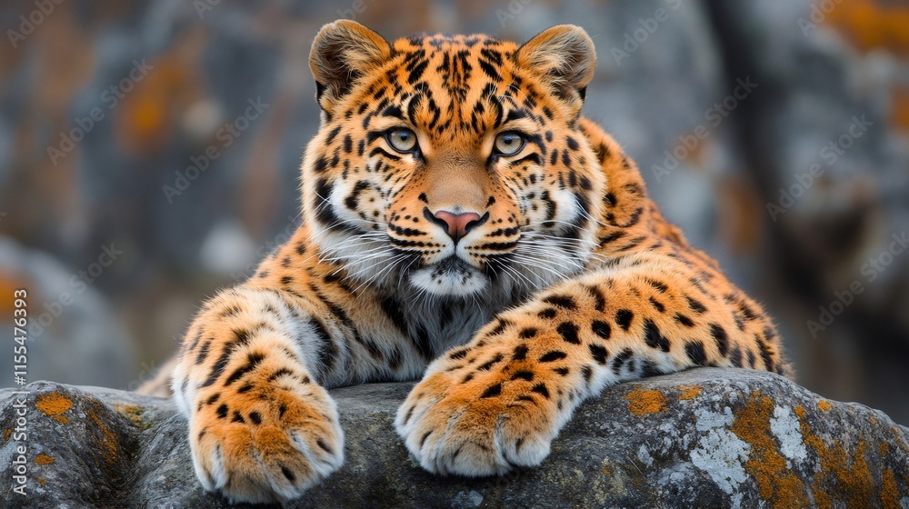 Fototapeta premium Leopard resting on rock: majestic feline in natural habitat