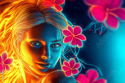 A futuristic woman smiles, illuminated by a reflective neon painting, accented with vibrant pink flowers that create a bold and avant-garde aesthetic.