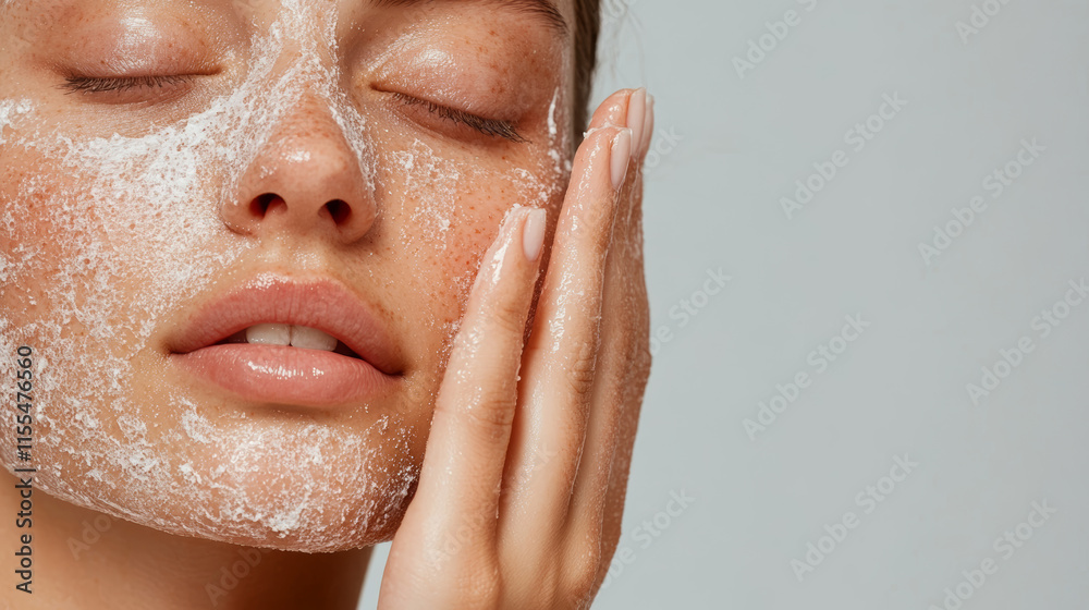 Naklejka premium Woman applying a facial scrub while enjoying a skincare routine at home