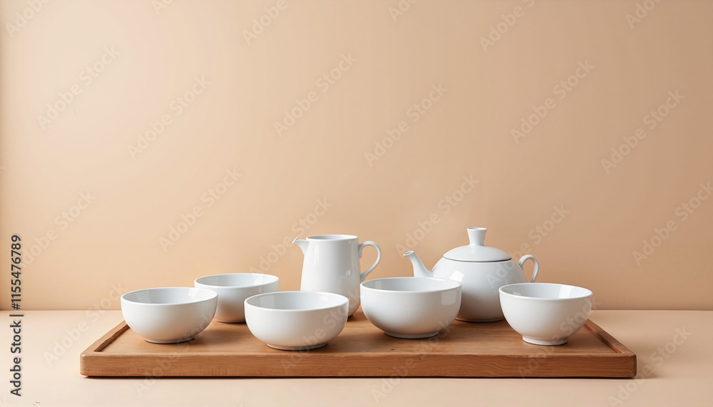Elegant white ceramic dishware arranged on a wooden tray against a soft beige background with copy space for dining decoration ideas