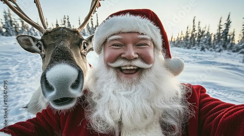 Jolly man in red Santa suit with fluffy white beard and hat standing outdoors in snowy winter scene. photo