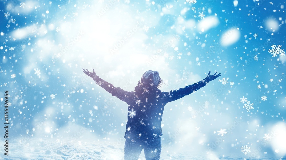 Person enjoying snowfall with arms outstretched. Person enjoying snowfall with arms outstretched.